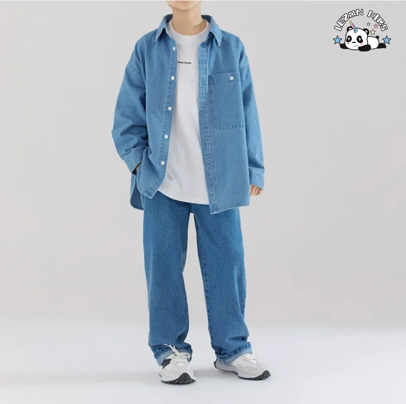 LEZONKIDS - Children's Denim Jean Shirt Straight Loose Pants Casual Two-piece Suit Boys Denim Clothing Set